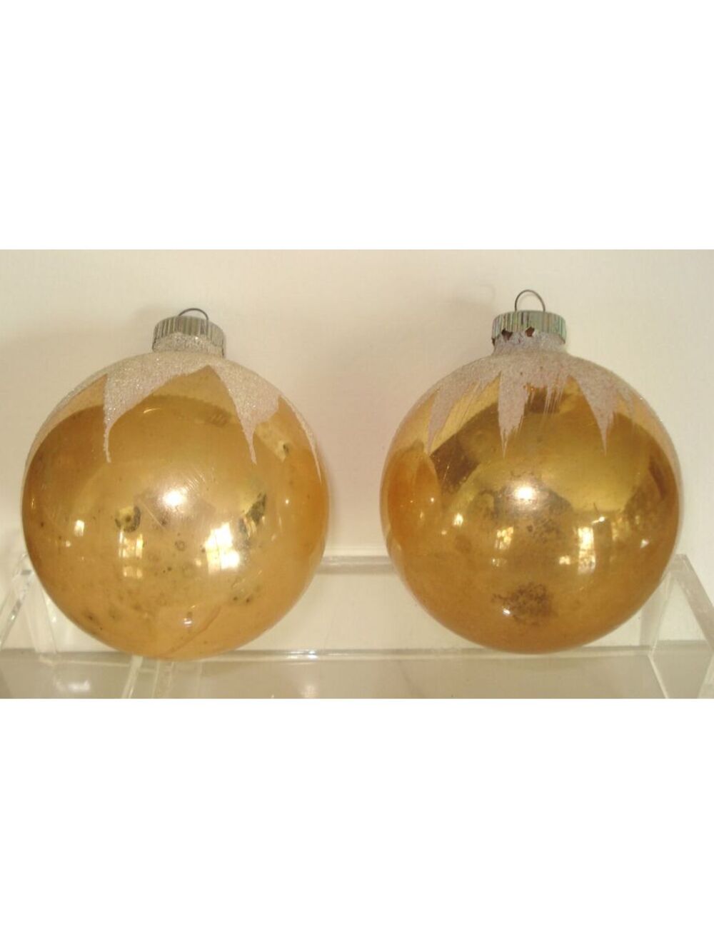2 VTG Shiny Brite Gold Scalloped Mica Snow Cap Mercury Glass Christmas Ornaments
